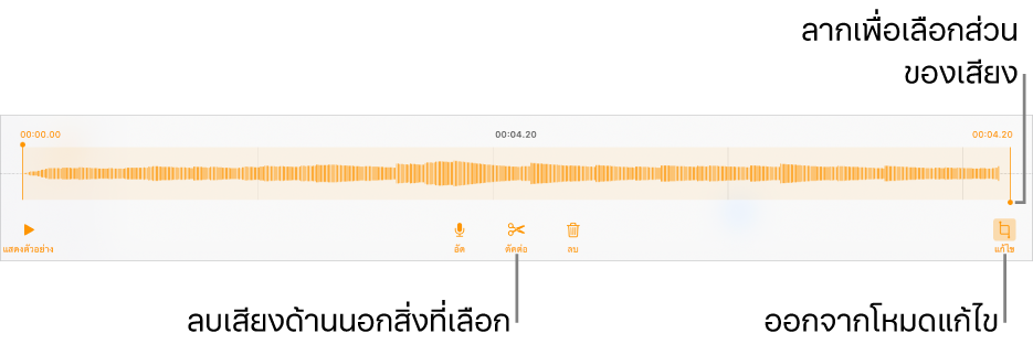 ตัวควบคุมสำหรับแก้ไขเสียงที่อัด ขอบจับจะบ่งบอกส่วนที่เลือกอยู่ของรายการอัด และปุ่มแสดงตัวอย่าง อัด ตัดต่อ ลบ และโหมดแก้ไขจะอยู่ทางด้านล่าง