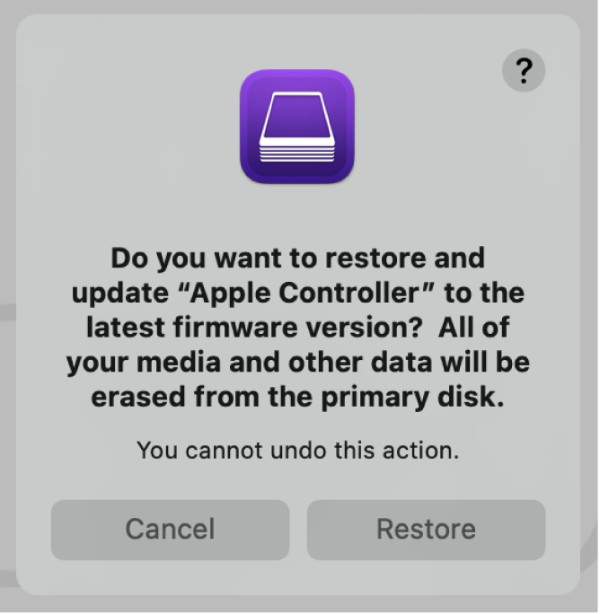 The dialog that appears to users when an Apple computer is about to be restored in Apple Configurator.