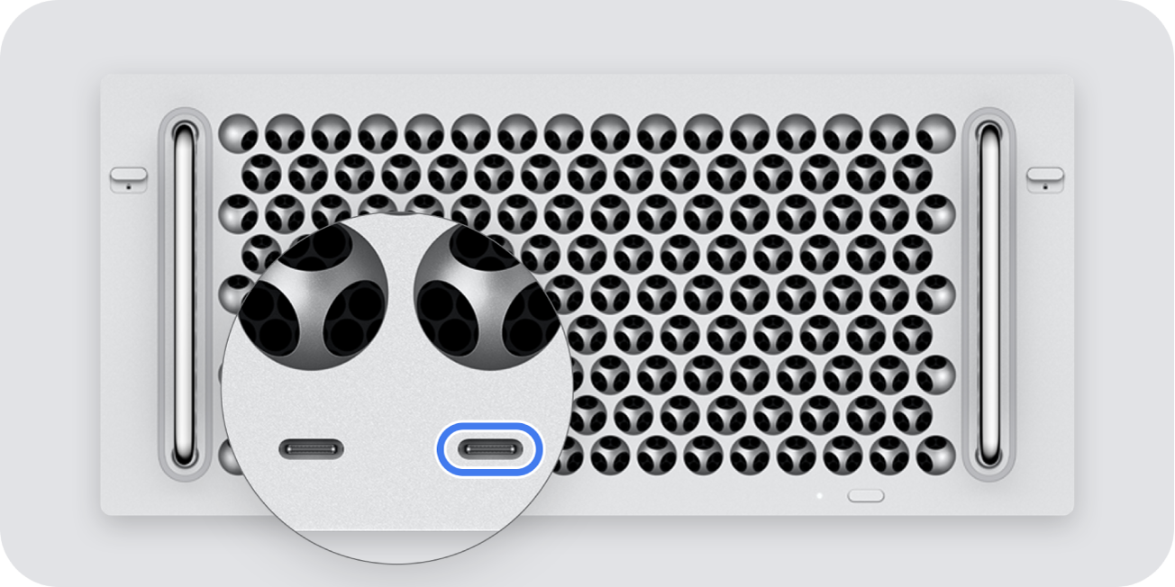 The back of a 2019 rack mount Mac Pro, showing two Thunderbolt (USB-C) ports, with the rightmost one highlighted.
