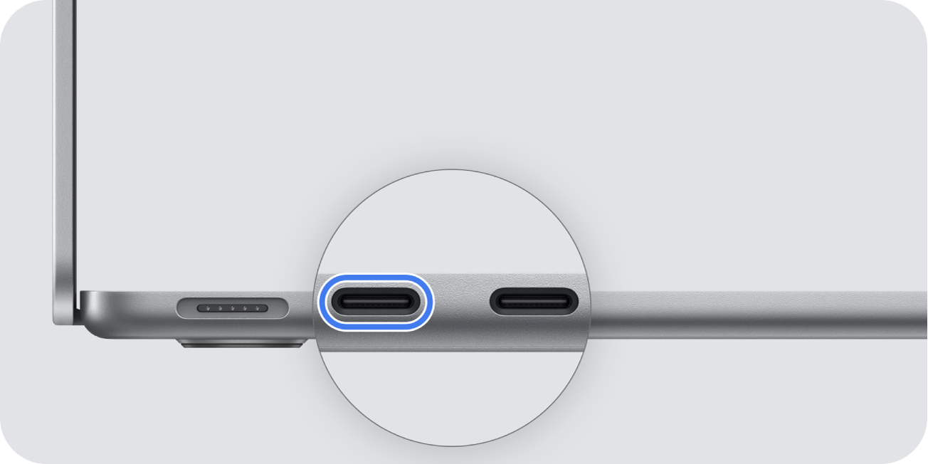A Mac with Apple silicon: Facing the ports on the left side of the Mac, the leftmost USB-C port is highlighted.