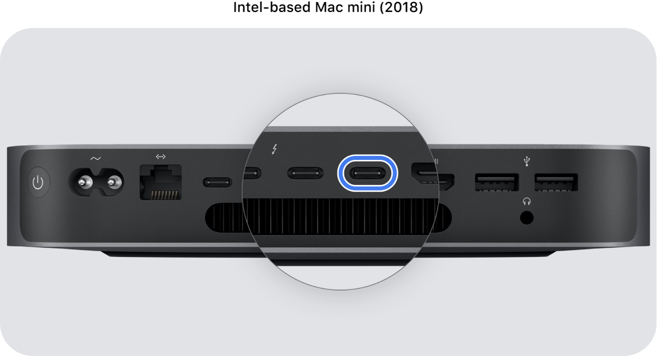 The back of an Intel-based Mac mini with the Apple T2 Security Chip, showing an expanded view of the four Thunderbolt 3 (USB-C) ports, with the rightmost one highlighted.