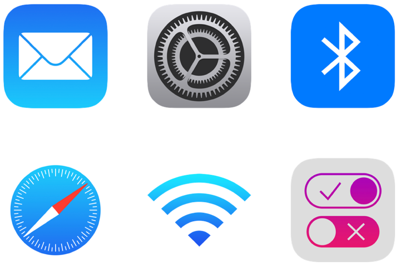 Iconos de perfiles de configuración para Mail, Ajustes, Bluetooth, Safari, Wi-Fi y el centro de notificaciones.