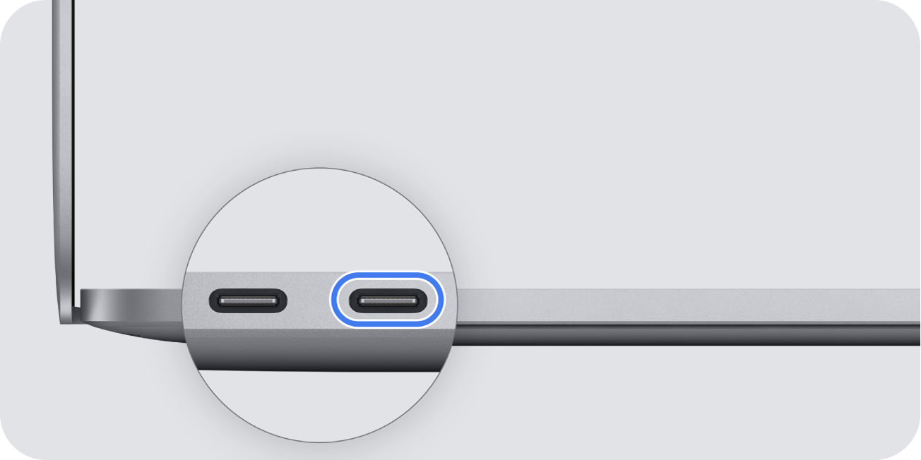Mac doté d’une puce T2 : Vue de côté montrant les ports situés sur la gauche du Mac, avec le port USB-C situé le plus à droite mis en surbrillance.