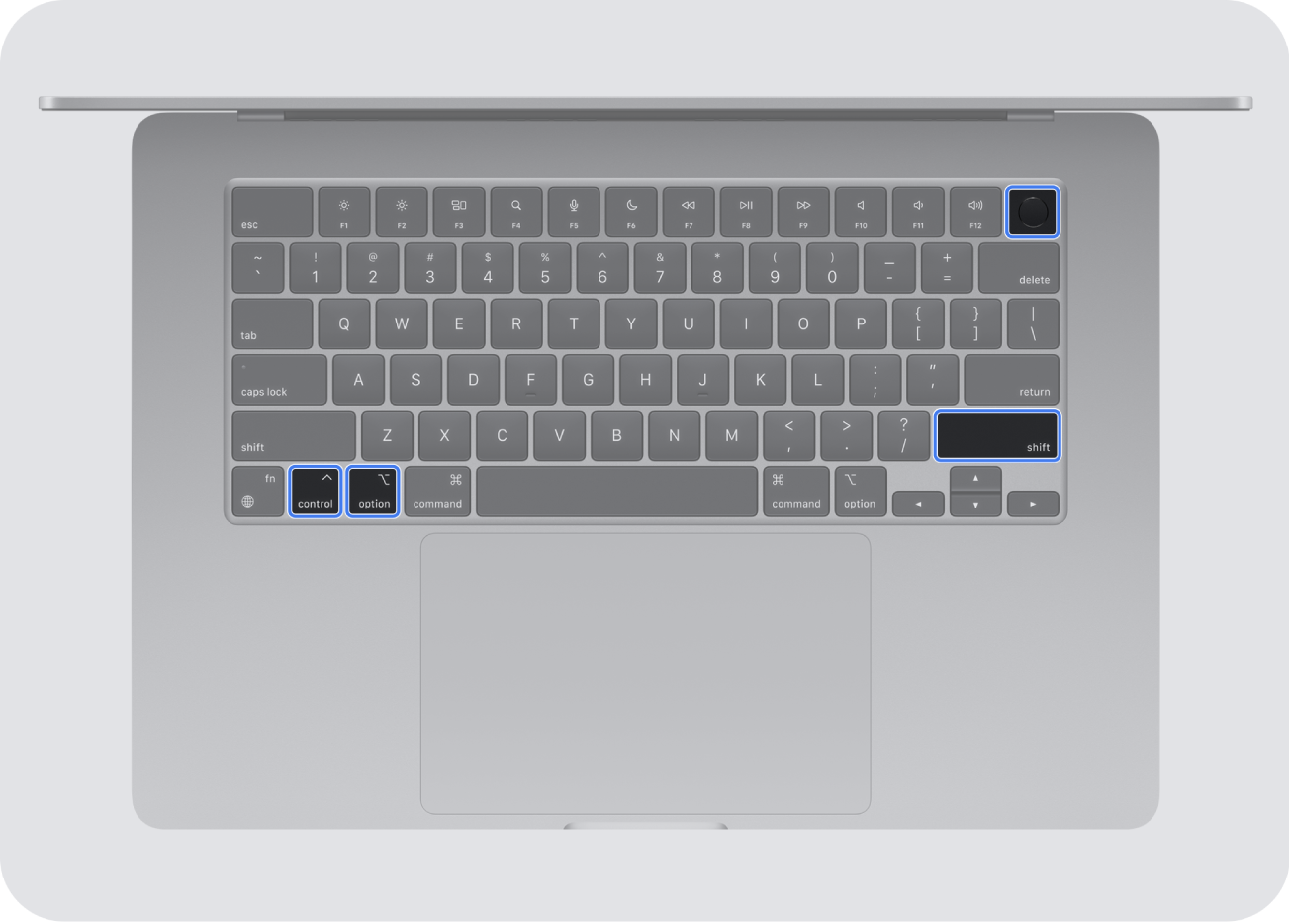 La tastiera di un Mac portatile che mostra il tasto di alimentazione e i seguenti tasti: tasto Ctrl di sinistra, tasto Opzione di sinistra e tasto Maiuscole di destra.
