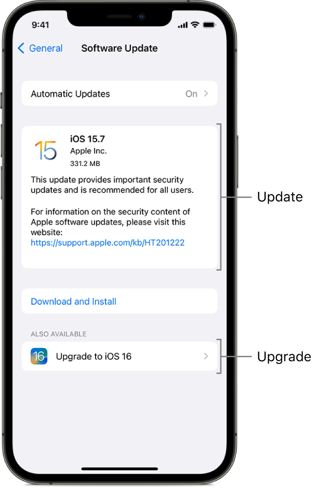 An iPhone screen showing an update to iOS 15.7 or an upgrade to iOS 16.