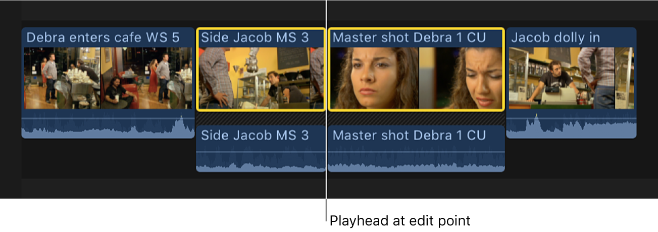 The playhead positioned on an edit point between two clips in the timeline