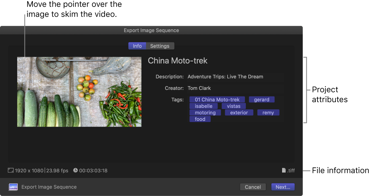 The Info pane of the Share window for the Export Image Sequence destination