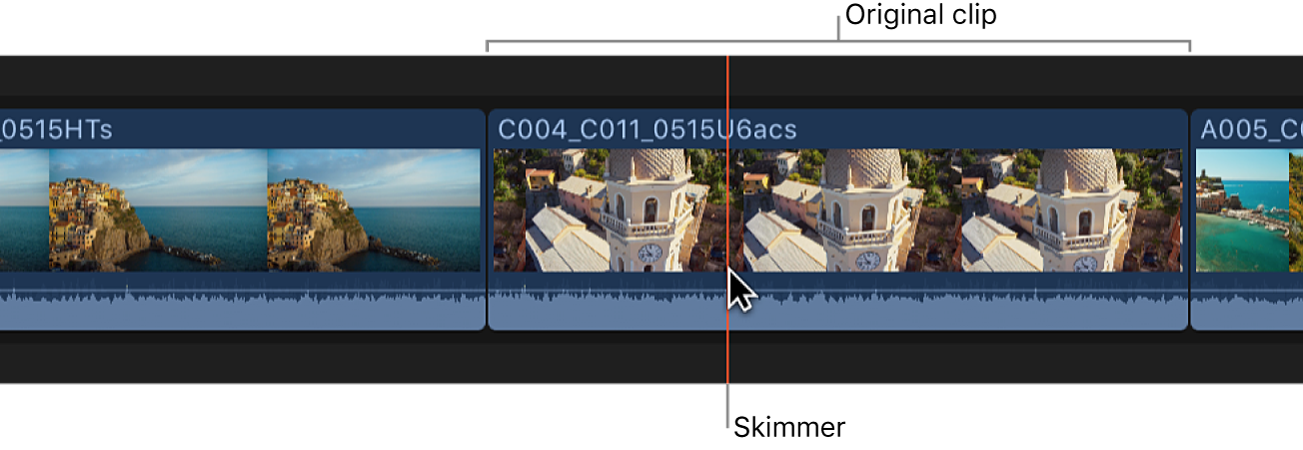The skimmer positioned on a clip in the timeline