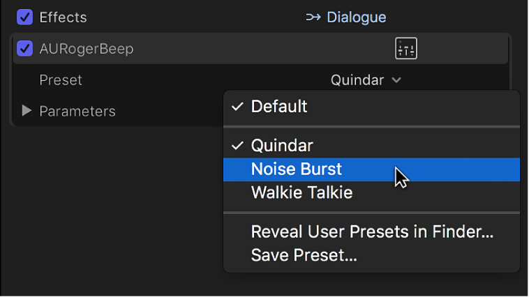 Options in the Preset pop-up menu in the Effects section of the Audio inspector