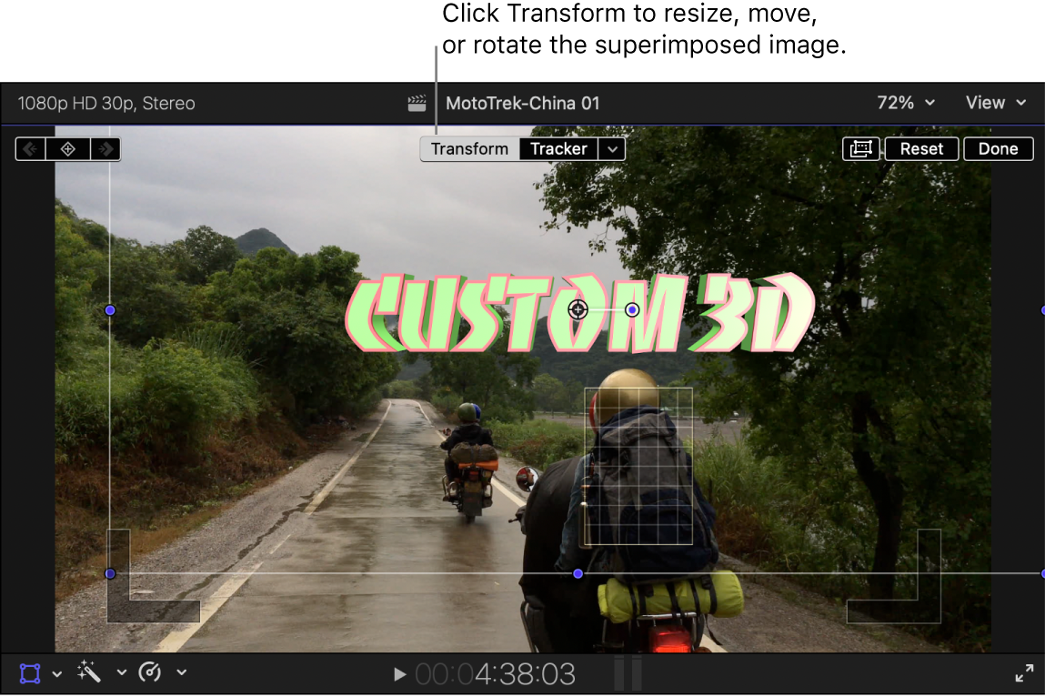 Transform is selected at the top of the viewer. An onscreen tracker appears over an object in the video, and a title with Transform onscreen controls appears above the object.