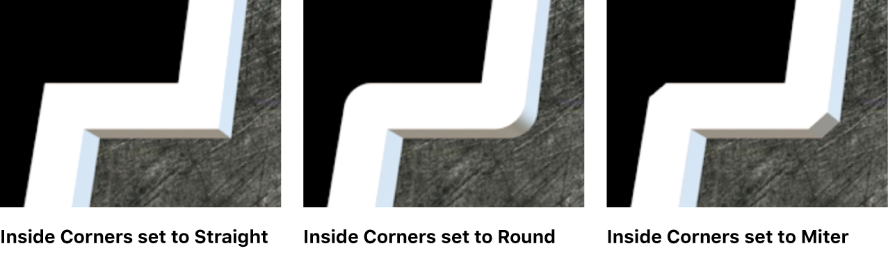 Three instances of 3D text in the viewer showing Inside Corners set to Straight, Round, and Miter