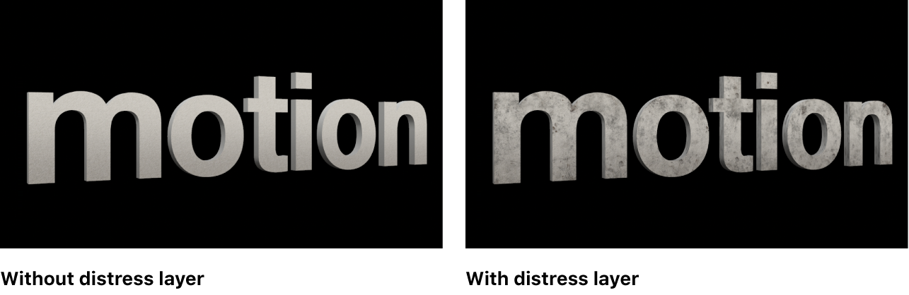 A 3D title in the viewer shown with and without a distress layer