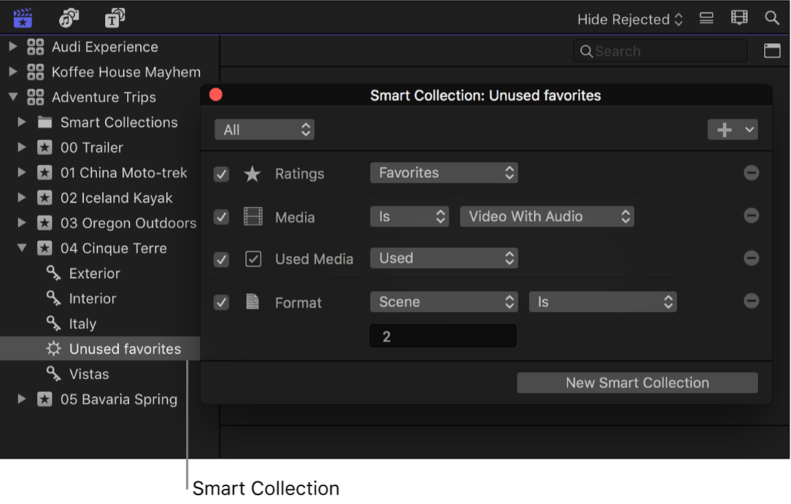 The Filter window for a Smart Collection