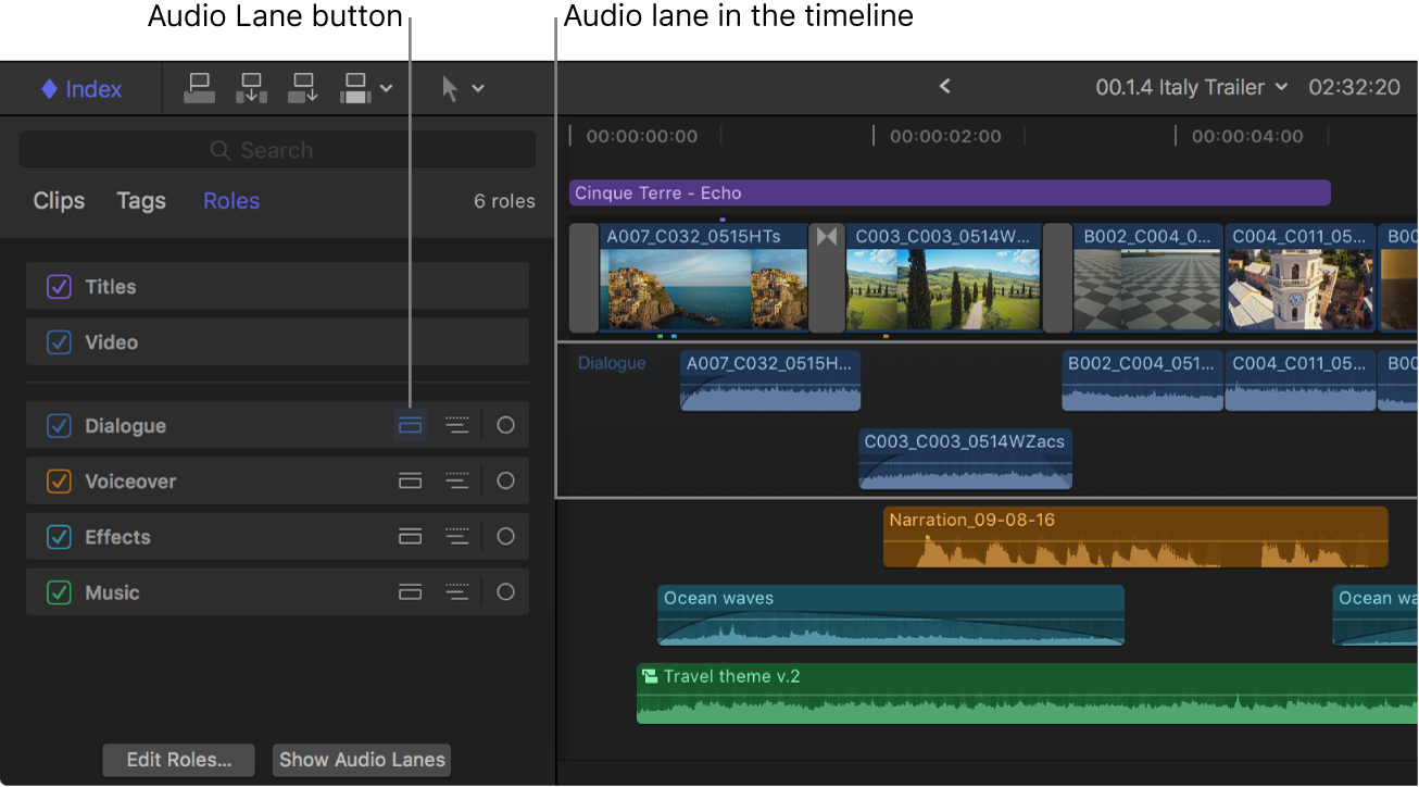 The timeline index showing the Audio Lane button for the Dialogue role highlighted, and the timeline showing a separate audio lane for the clips with the Dialogue role
