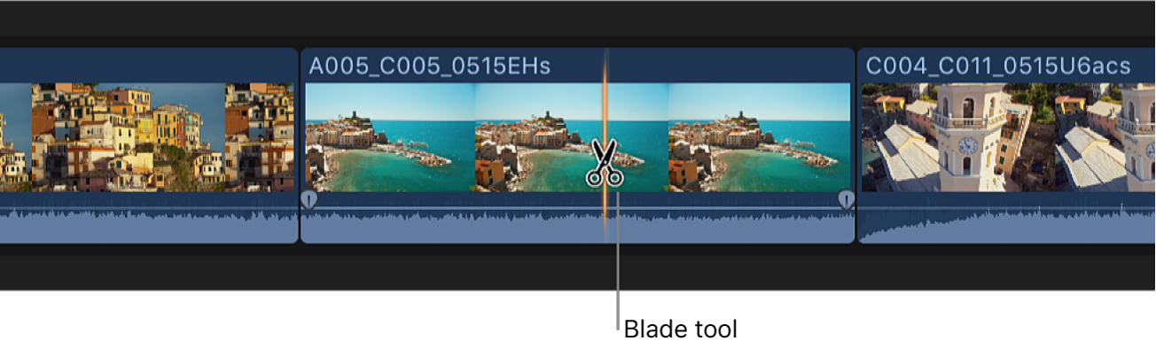 A clip in the timeline being cut using the Blade tool