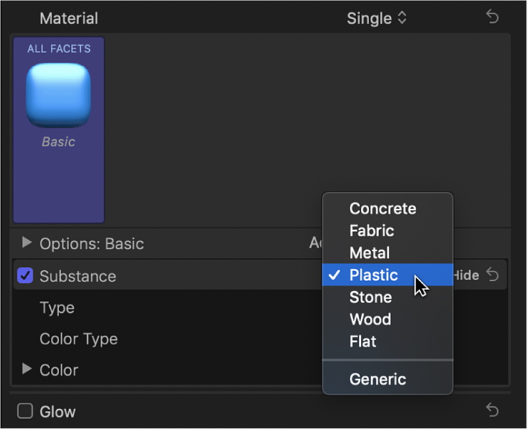 The Substance pop-up menu in the Material section of the Text inspector