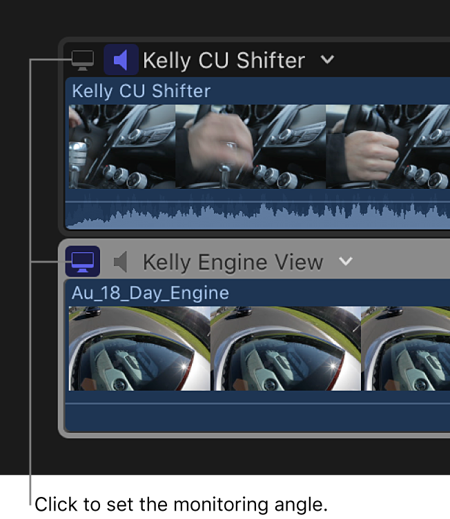 Clips in the angle editor with a Video Monitor button in the top-left corner