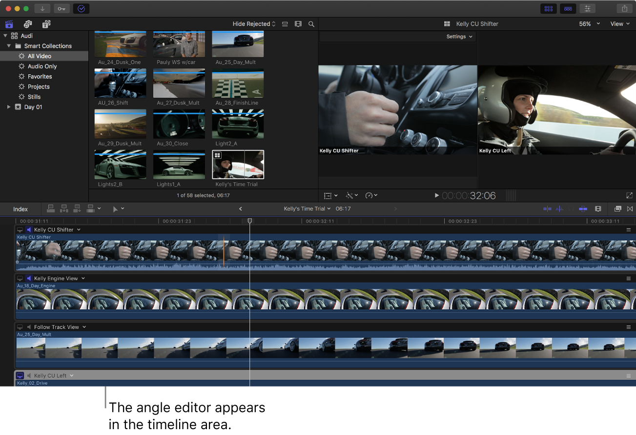 The Final Cut Pro window with the angle editor shown in the timeline area