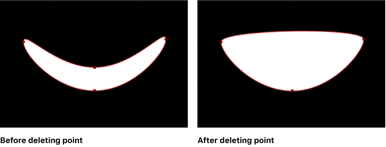 The viewer showing a mask shape before and after a control point is deleted
