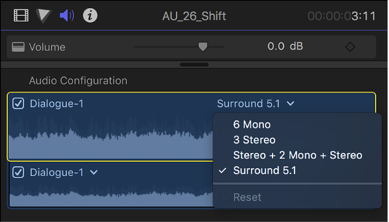 The Audio Configuration section of the Audio inspector showing channels and waveforms in the selected clip