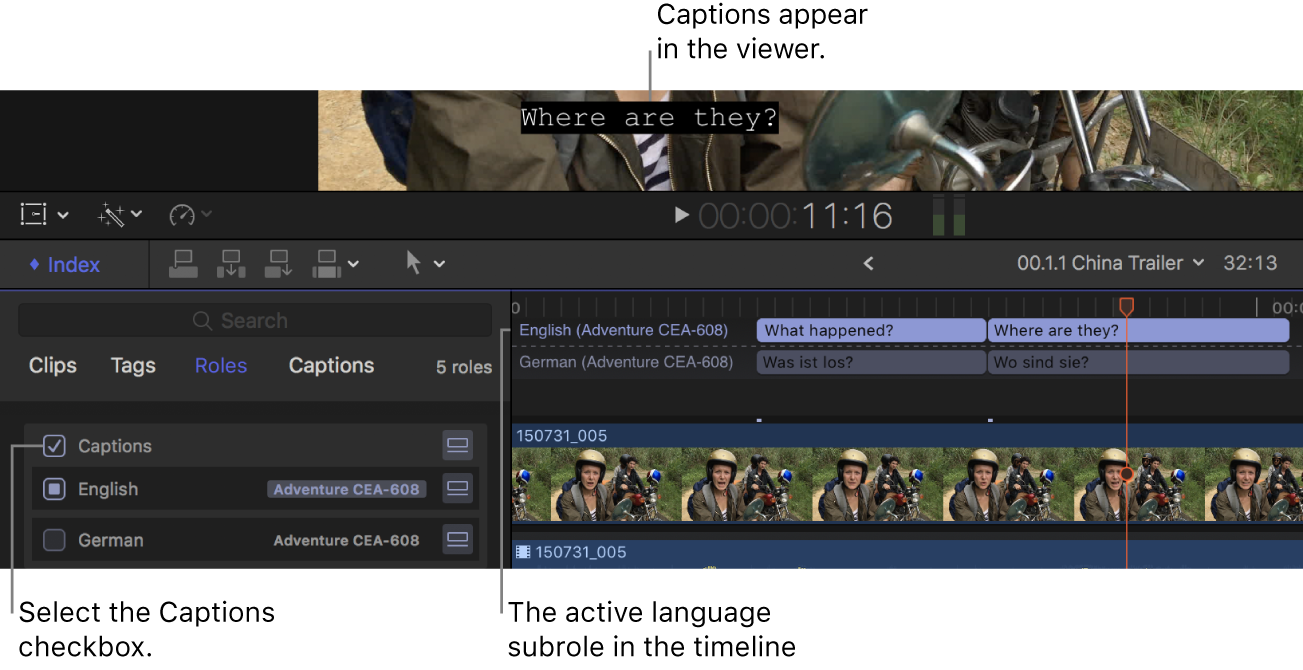 The Captions checkbox selected in the timeline index, and a caption from the active language subrole displayed in the viewer
