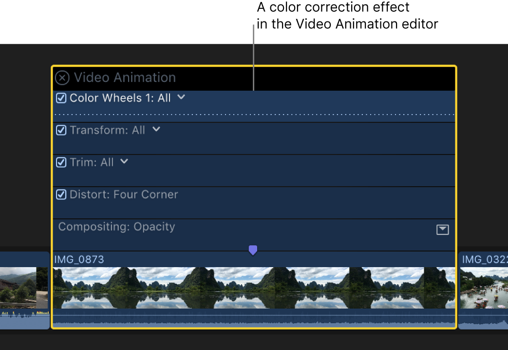 A color correction effect in the Video Animation editor shown above a video clip in the timeline
