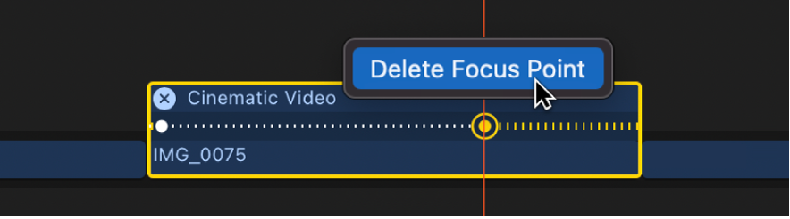 A manual (yellow) focus point in the timeline, with the Delete Focus Point command appearing above