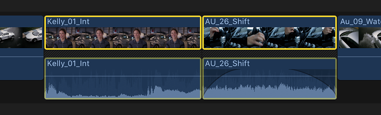 Two adjacent clips in the timeline shown with expanded audio