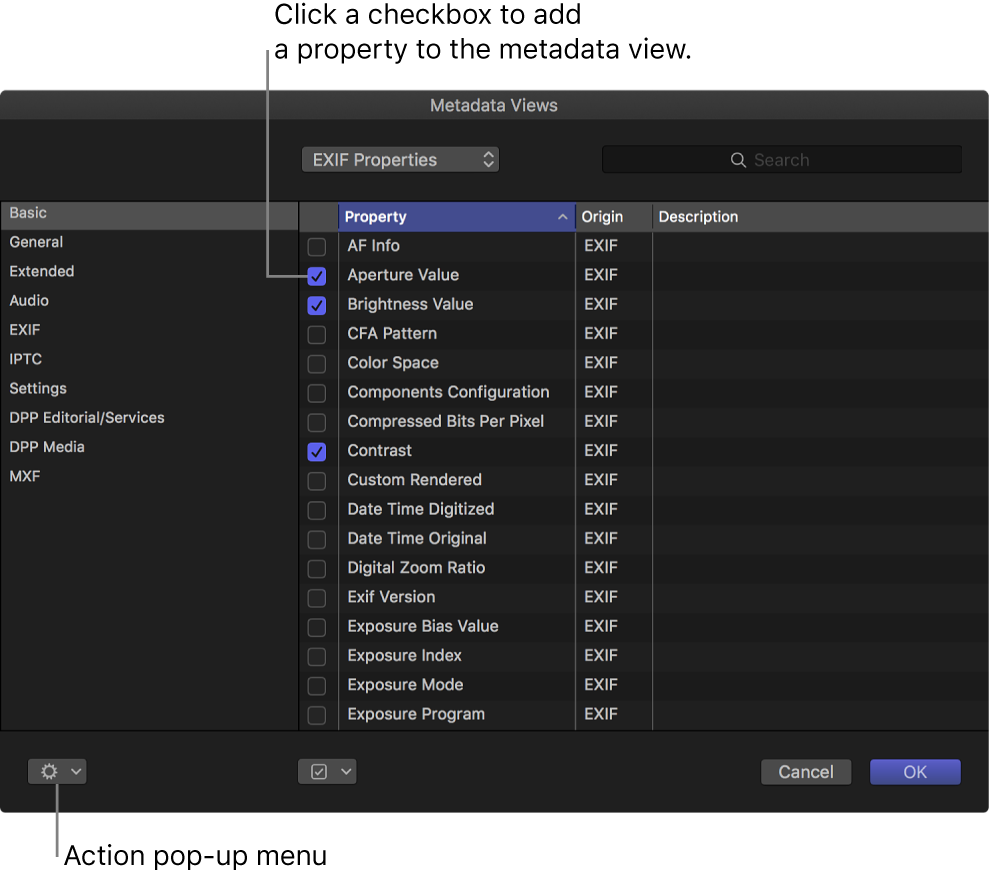 Property checkboxes in the Metadata Views window