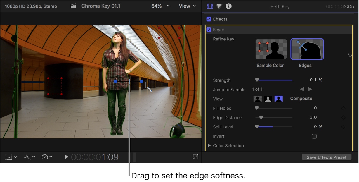 The Edges tool being used in the viewer to adjust edge softness
