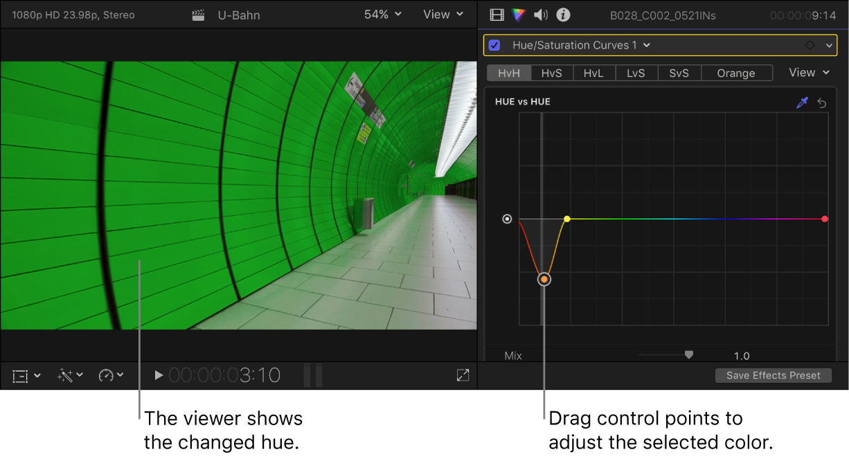 The viewer on the left showing the changed hue, and the Color inspector on the right showing control points on the Hue vs Hue curve