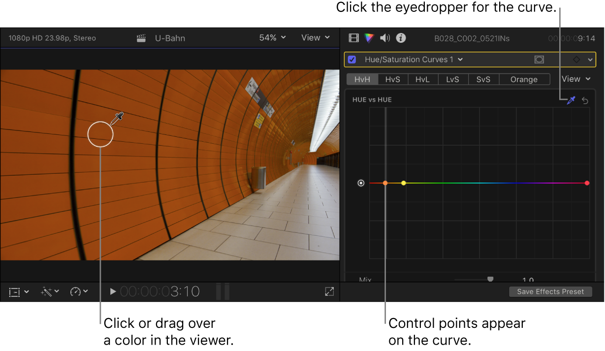 The viewer on the left with the eyedropper over a color in the image, and the Color inspector on the right showing the Hue vs Hue controls