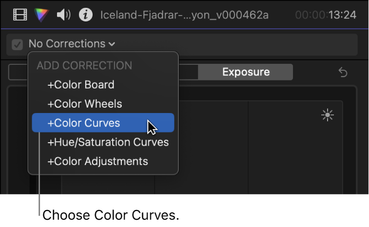 Color Curves being chosen from the Add Correction section of the pop-up menu at the top of the Color inspector