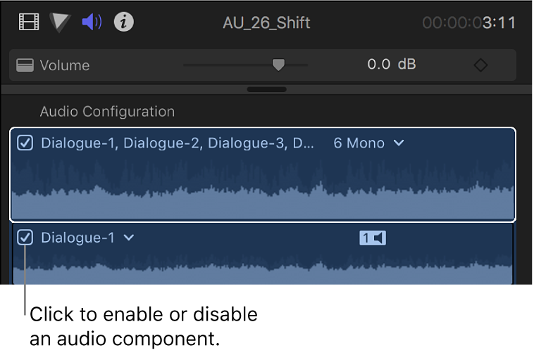 The Audio Configuration section of the Audio inspector showing checkboxes for enabling and disabling audio components