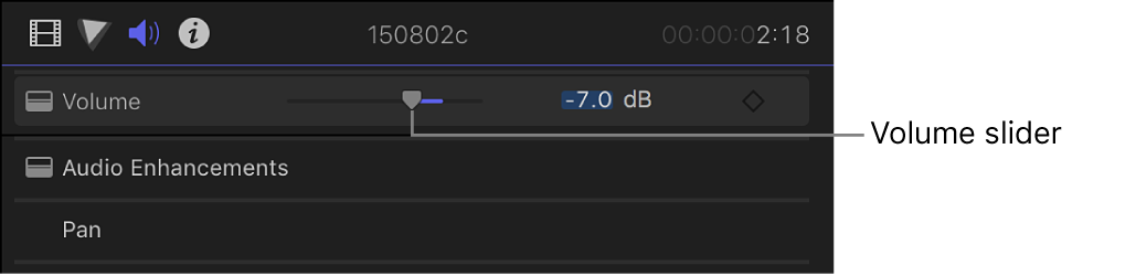 The Volume slider in the Volume and Pan section of the Audio inspector