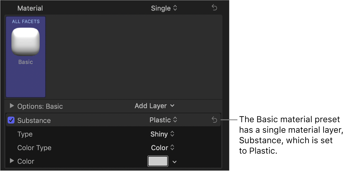 The Material section of the Text inspector showing the Basic material preset with a single layer, Substance, which is set to Plastic