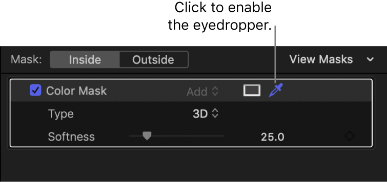 The Color Mask section of the inspector, with the eyedropper shown in blue, indicating that it’s active