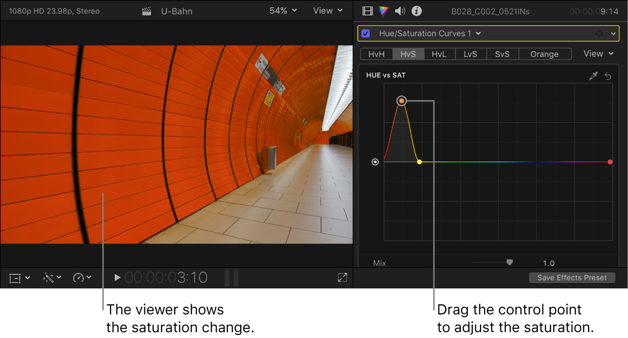 The viewer on the left showing the saturation change, and the Color inspector on the right showing control points on the Hue vs Sat curve
