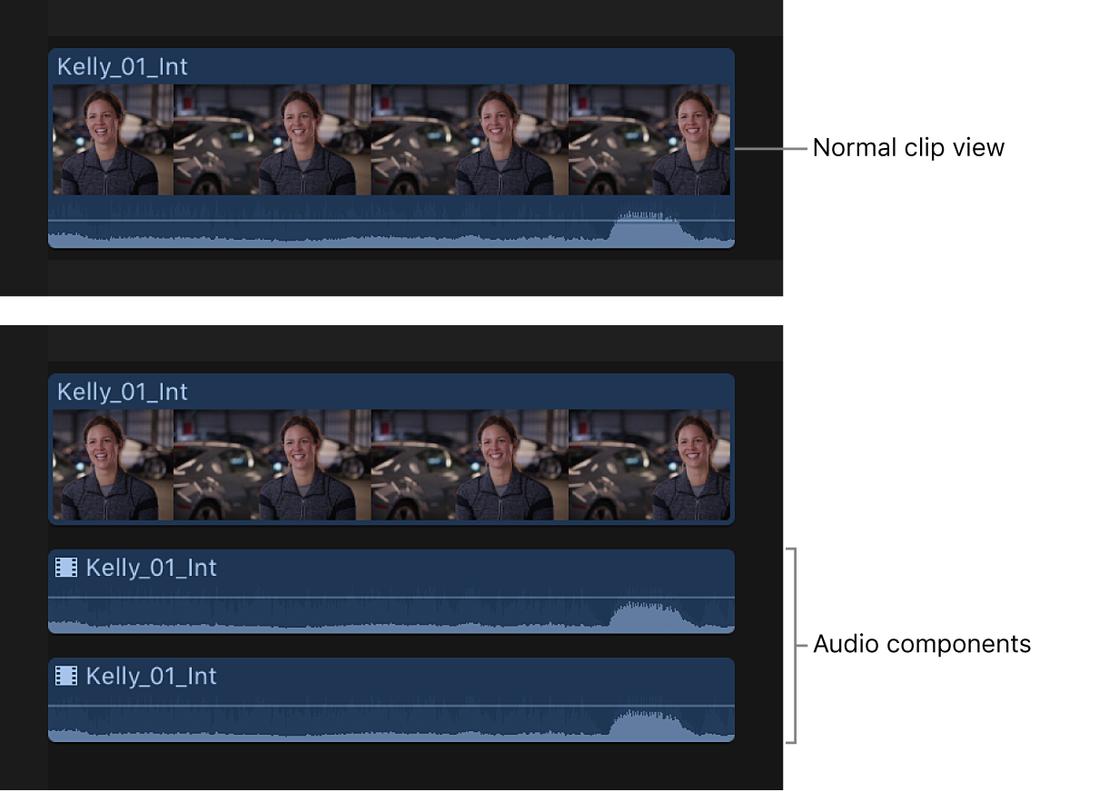 A clip in the timeline shown before and after its audio components are expanded