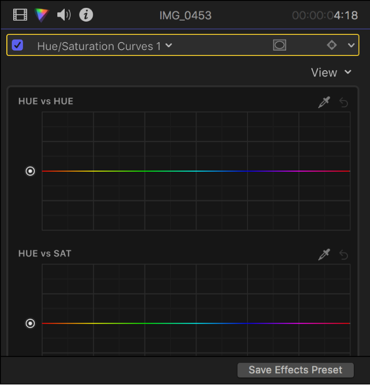 The Color inspector showing hue and saturation curves in the Hue/Saturation Curves effect