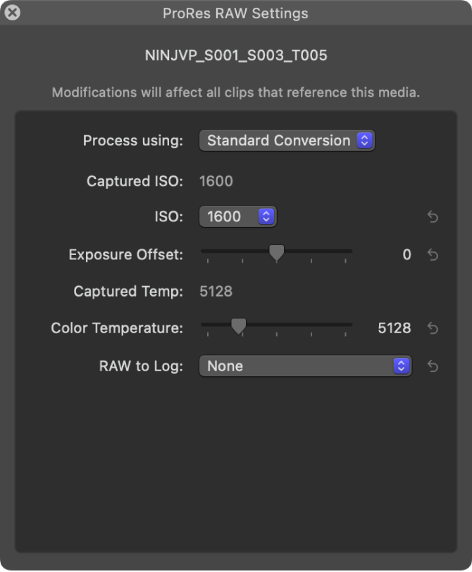 The ProRes RAW Settings window, showing settings for the Standard Conversion option