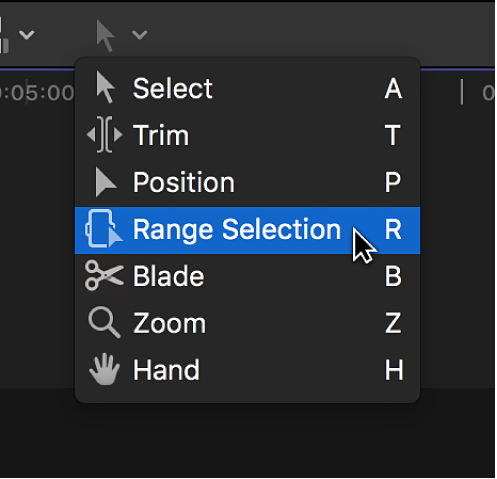 The Range Selection tool in the Tools pop-up menu
