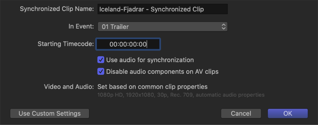 The automatic settings for syncing clips