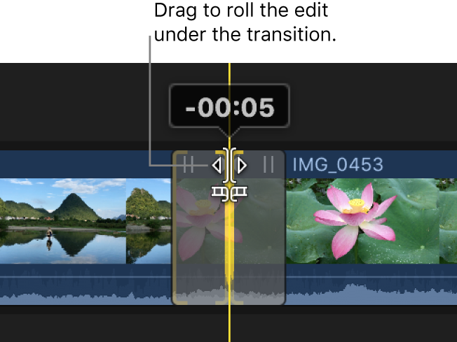 The center transition trim icon being dragged to roll the edit point under the transition