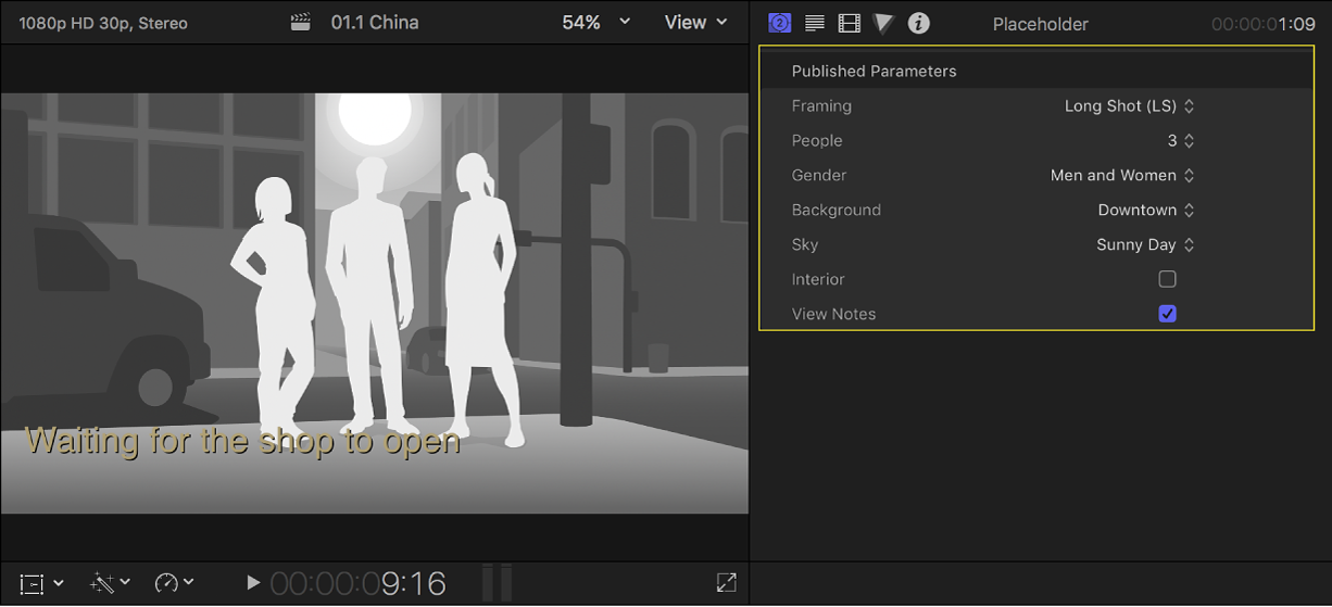 The viewer on the left showing a placeholder clip with three people, and the Generator inspector on the right showing the settings for the placeholder clip