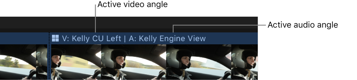 A multicam clip in the timeline showing the names of the active video angle and active audio angle