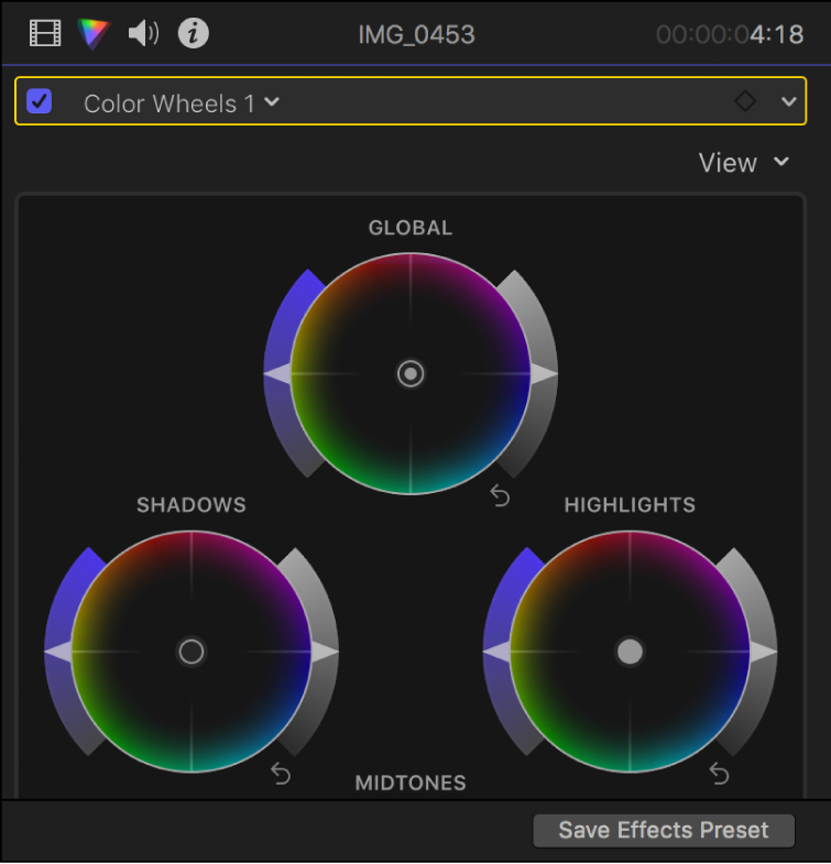 The Color inspector showing color wheels in the Color Wheels effect