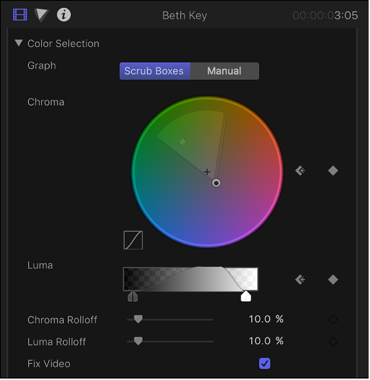 The Color Selection controls in the Video inspector