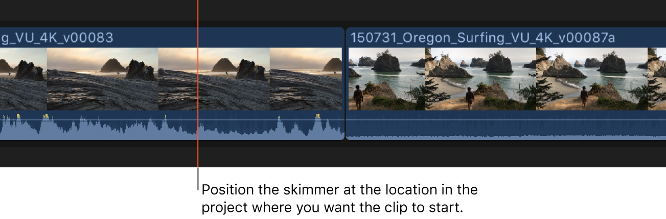 Skimmer situado en un clip de la línea de tiempo