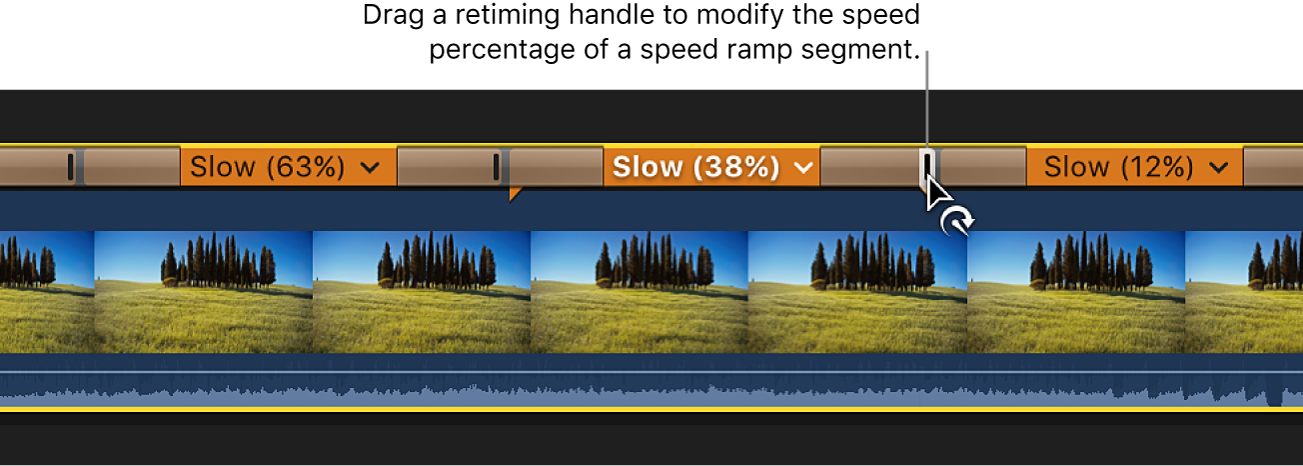 La línea de tiempo con un clip con tres segmentos de velocidad configurados con distintas velocidades